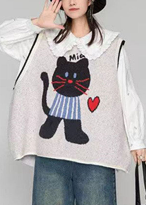 Loose Light Grey O-neck Animal Cozy Cotton Knit Waistcoat Fall