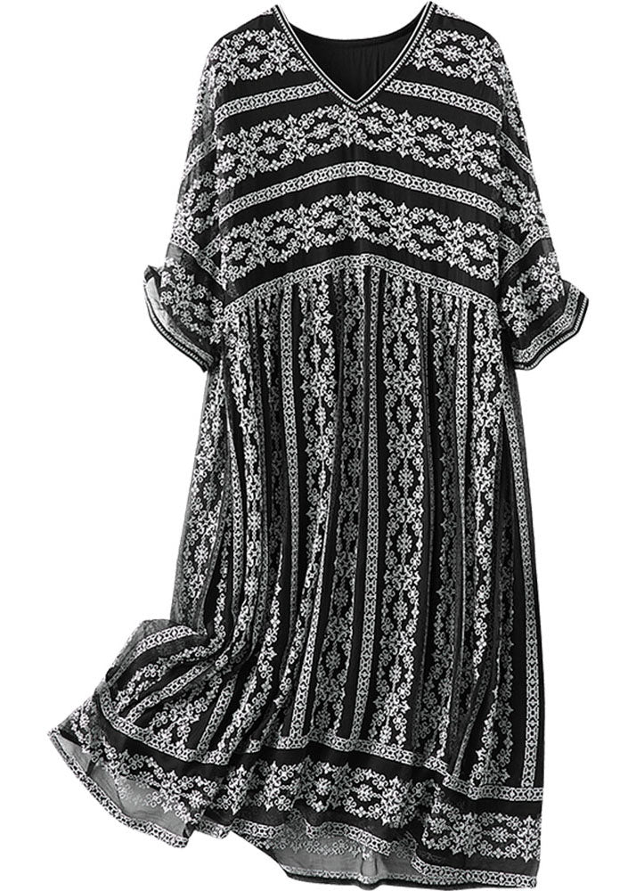 Black O-neck Draping Embroideried Silk Dresses Summer