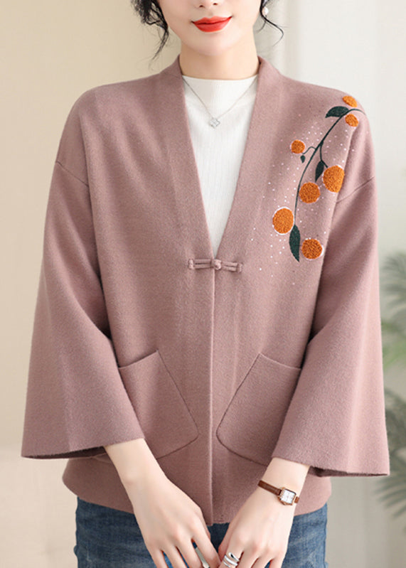 Pink Print Button Cotton Knit Coat Spring