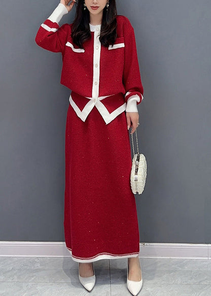 Autumn New Versatile Red Small Fragrant Coat and Skirts Two Piece Set