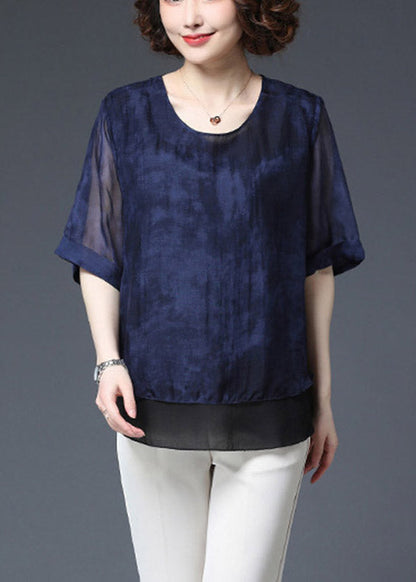 Baggy Navy O-neck Patchwork Chiffon Blouse Top Half Sleeve