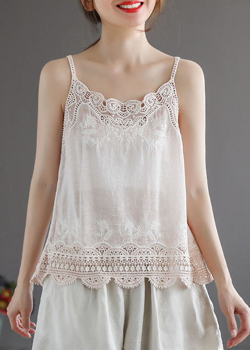 Handmade White Lace Patchwork Cotton Spaghetti Strap Tops Summer