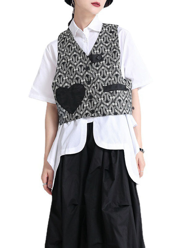 Black V Neck Patchwork Love Applique Print Cotton Vests Sleeveless