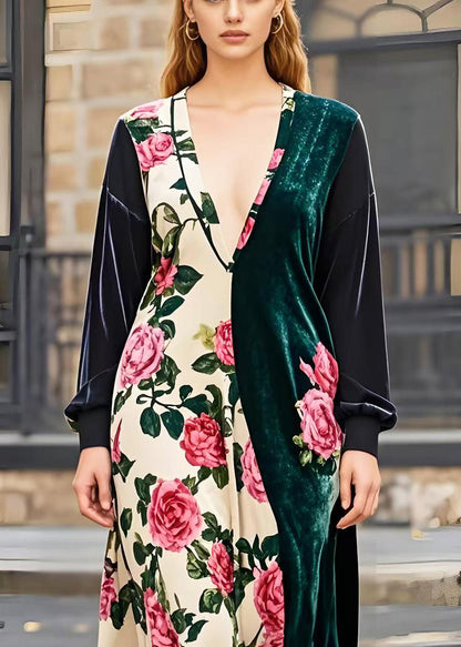Asymmetrical Patchwork Silk Velour Maxi Dresses Spring