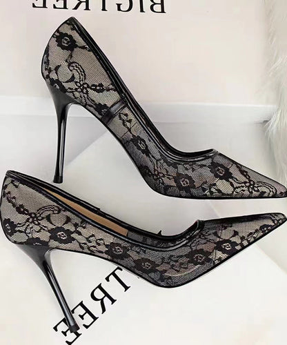 Pointed Toe Stiletto High Heels Female Lace Mesh Bed Hollow Single Shoes Spring New