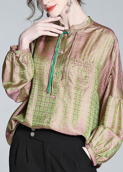 Pink Green Stand Collar Print Button Slik Shirts Lantern Sleeve