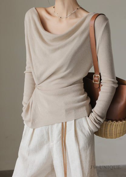 Oat Colored Collar Wool Knitted Top Spring