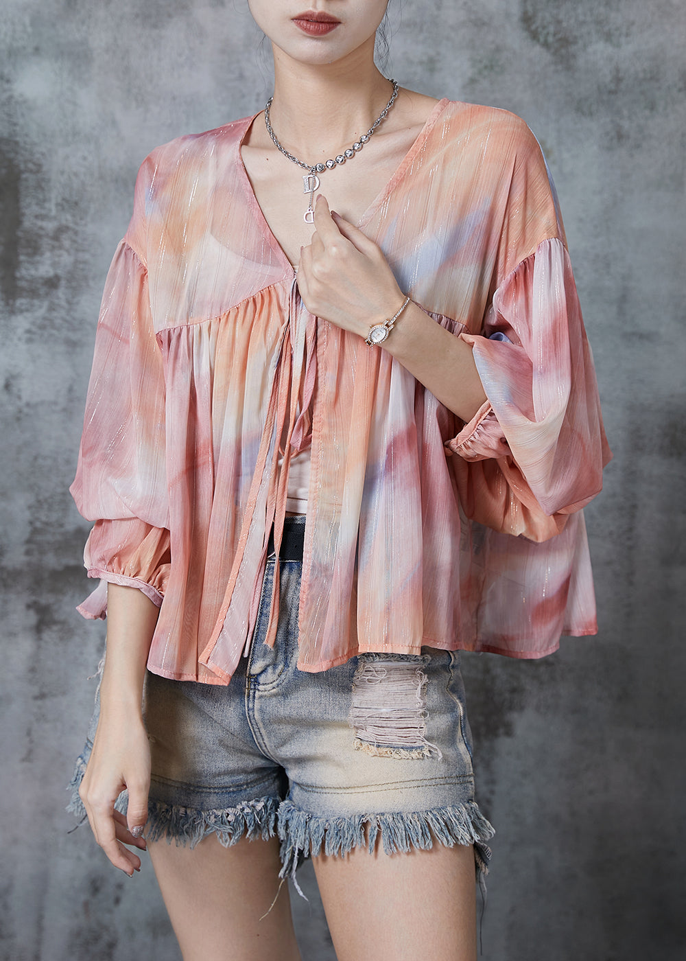 Gradient Color Oversized Lace Up Chiffon Blouses Fall
