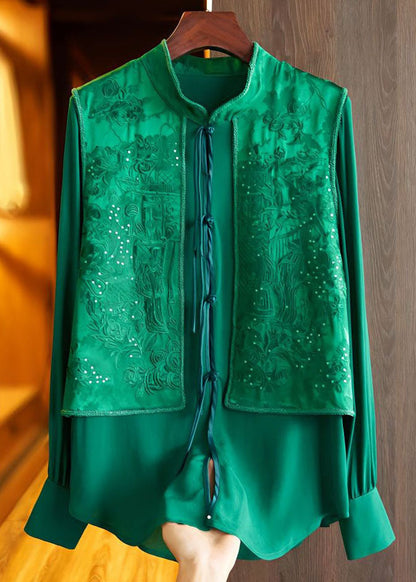 Green Tasseled Jacquard Patchwork Silk Shirt Top Spring
