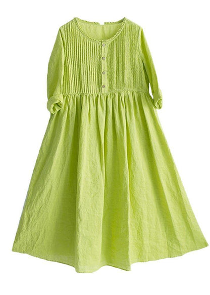 Classy Grass Green Cinched Button Summer Linen Dress