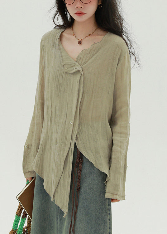Khaki Button Linen Fall Blouse Asymmetrical
