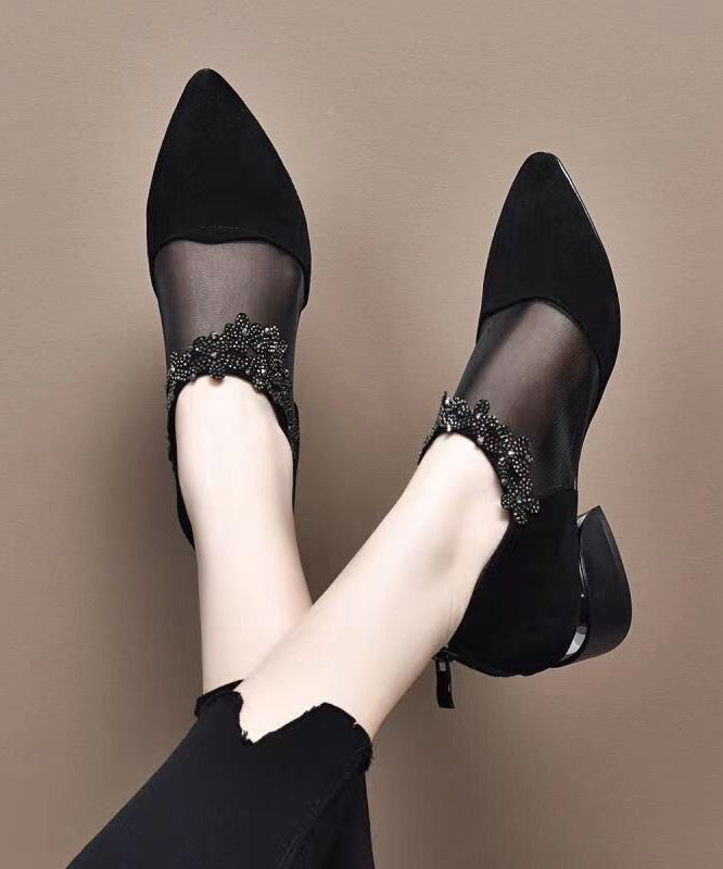 Black Suede Tulle Splicing Zircon High Heels Boots