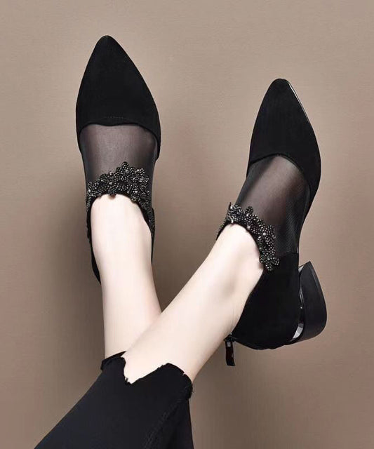 Black Suede Tulle Splicing Zircon High Heels Boots