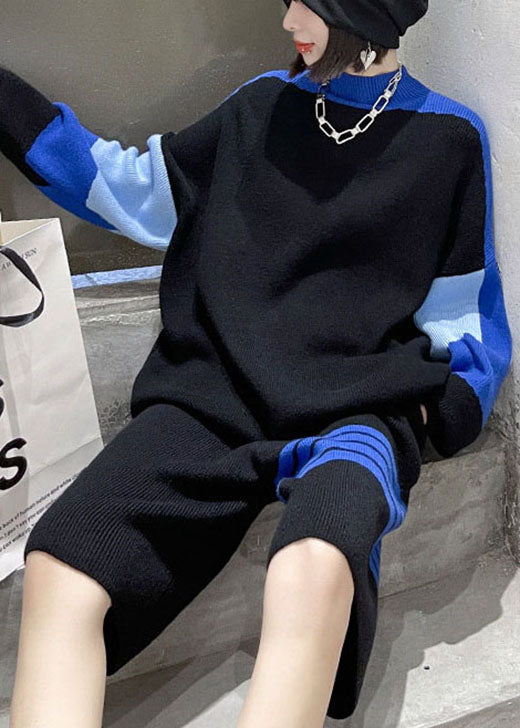 Black Turtleneck Jacquard Fall Long Sleeve Two Pieces Set