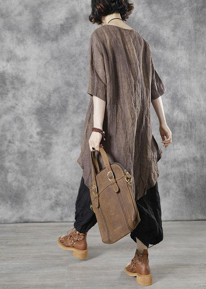 Art Chocolate Tie Waist Wrinkled Fall Tops Half Sleeve