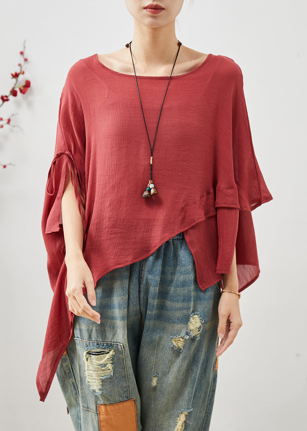 Red Asymmetrical Design Cotton Loose Tops Summer