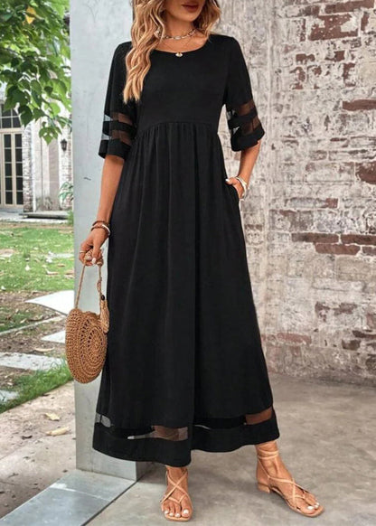 Black O-neck Tulle Patchwork Long Dress Summer