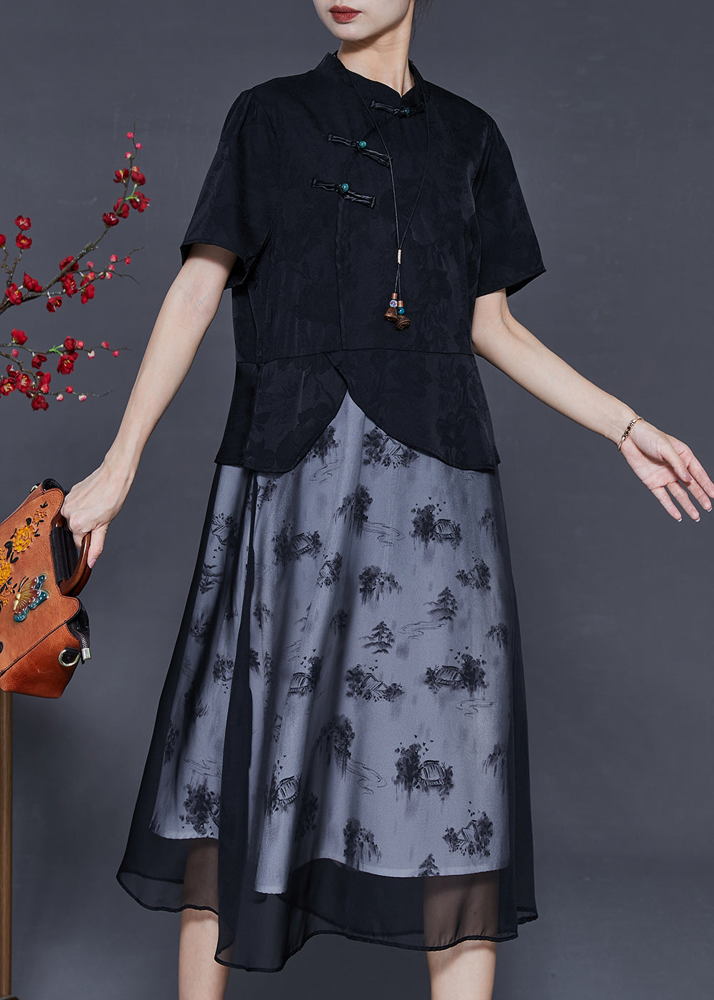Black Chinese Button Patchwork Chiffon Dresses Summer