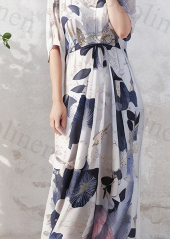 Loose O-neck Print Wrinkled Silk Long Dress Summer