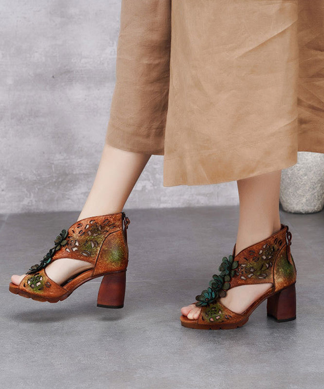 Green Chunky Cowhide Leather Peep Toe Hollow Out Sandals