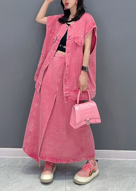 Pink Vest and Skirts Denim Two Piece Set Clothing Summer