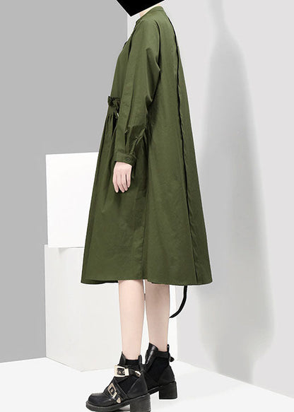 Green Button Asymmetrical Design Stand Collar Shirt Dresses Spring