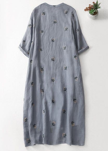 Grey Embroidered Button Cotton Dresses Half Sleeve Summer