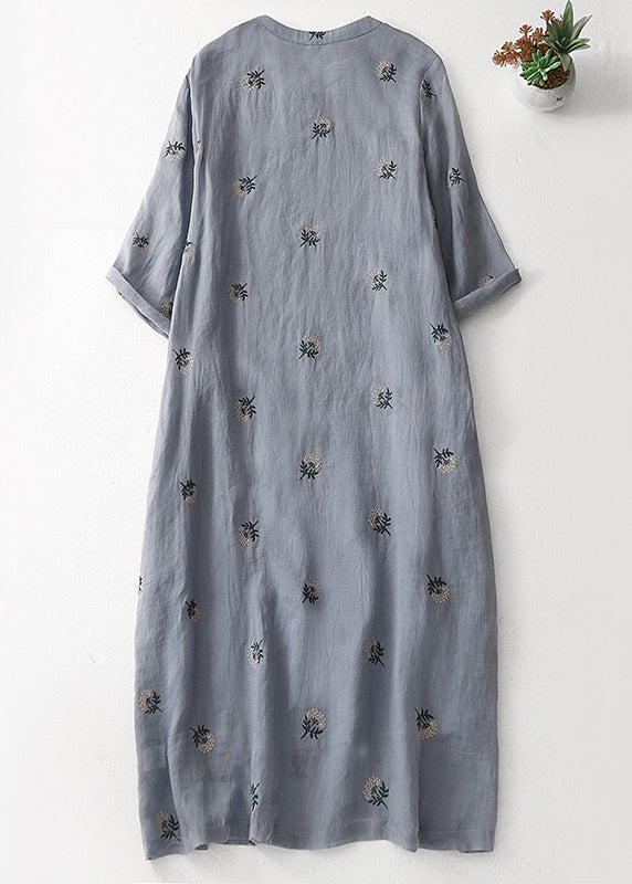 Grey Embroidered Button Cotton Dresses Half Sleeve Summer