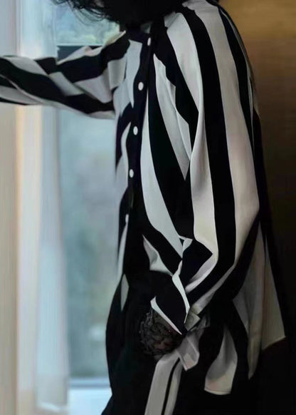 Striped Asymmetrical Button Patchwork Cotton Blouses Fall