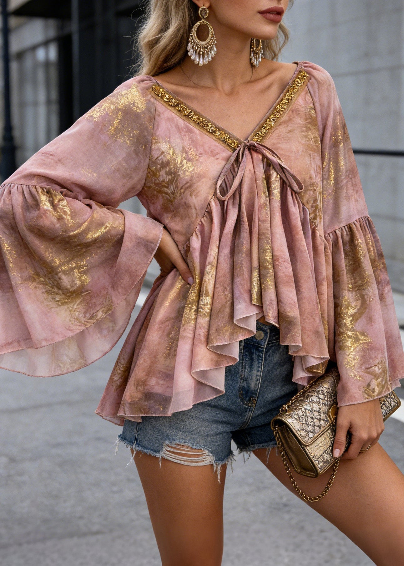 Unique Pink Asymmetrical Sequins Print Chiffon Shirt Spring