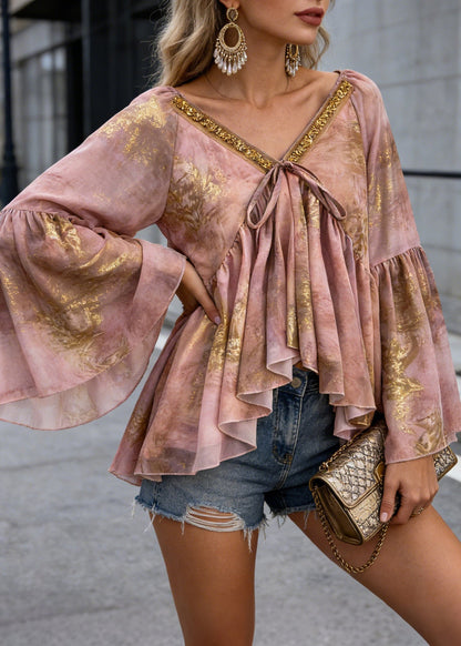 Unique Pink Asymmetrical Sequins Print Chiffon Shirt Spring