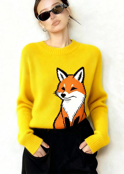 Yellow Oversized Fox Thick Knit Sweaters Winter