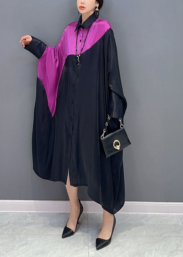Colorblock Peter Pan Collar Patchwork Oversized Silk Dress Batwing Sleeve