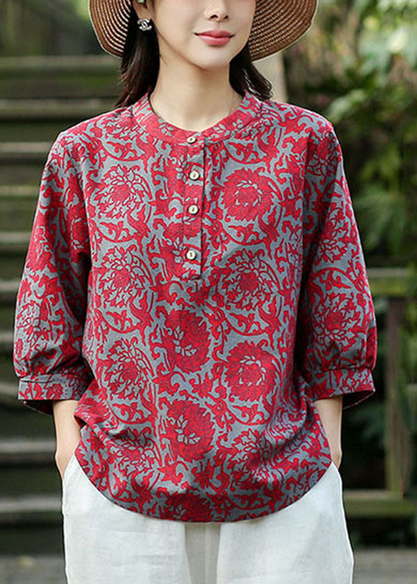 Red O-neck Jacquard Linen Blouse Tops Bracelet Sleeve