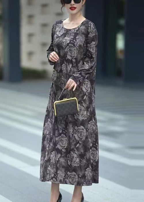 Grey O Neck Print Cotton Long Dress Fall