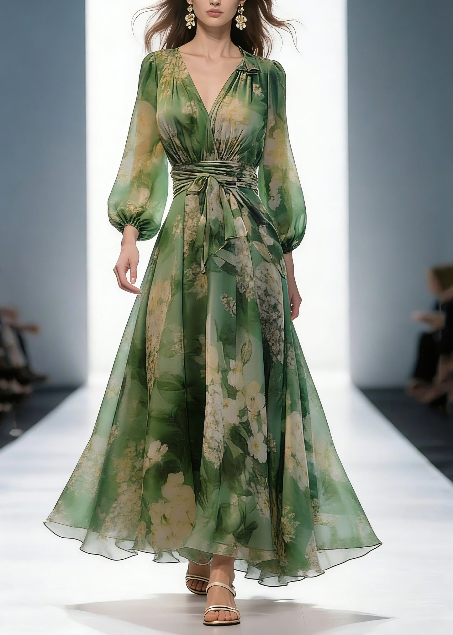 French Green V Neck Print High Waist Chiffon Dresses Long Sleeve