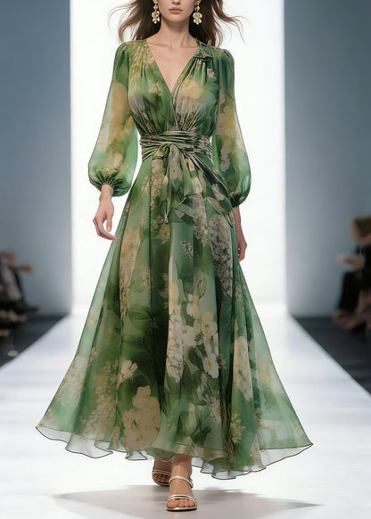 French Green V Neck Print High Waist Chiffon Dresses Long Sleeve