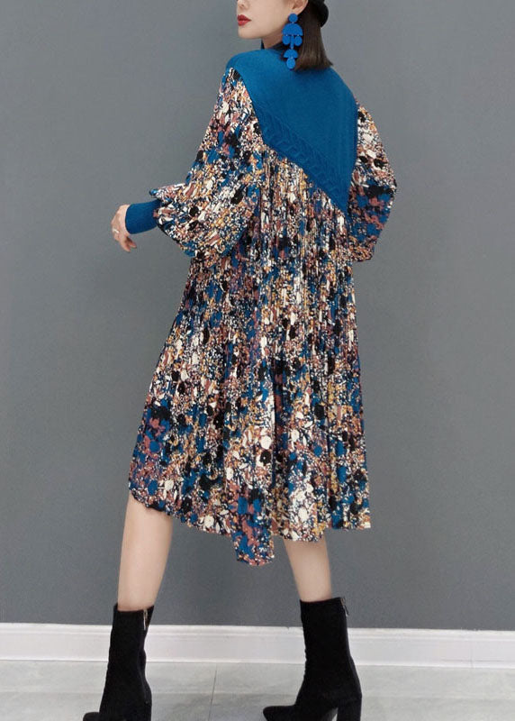 Boutique Blue O-neck Knit Patchwork Chiffon Holiday Dress Spring