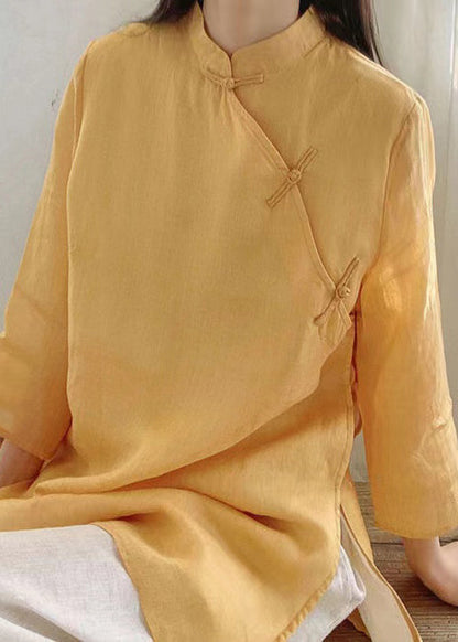 Yellow Stand Collar Button Cotton Shirt Tops Spring