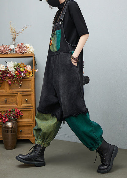 Black Asymmetrical Pocket Cotton Denim Jumpsuit Spring