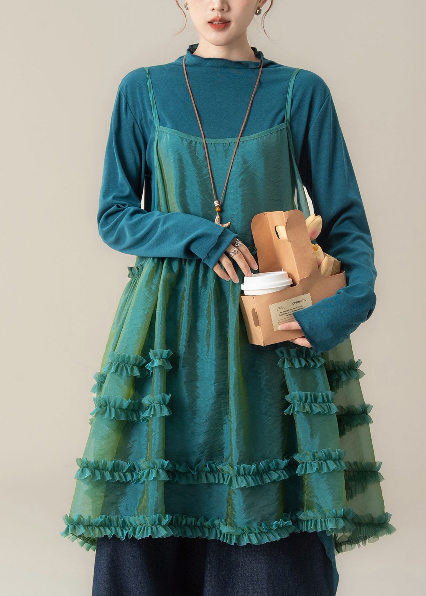 Blue Ruffled Spaghetti Strap Dress T Shirt and Pants Three Piece Suit Set Spring