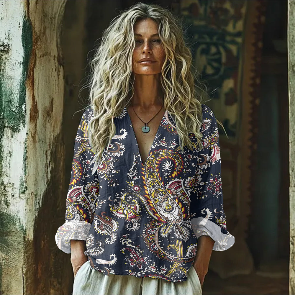Paisley Art Print Cotton And Linen V-neck Loose Shirt artswardrobe