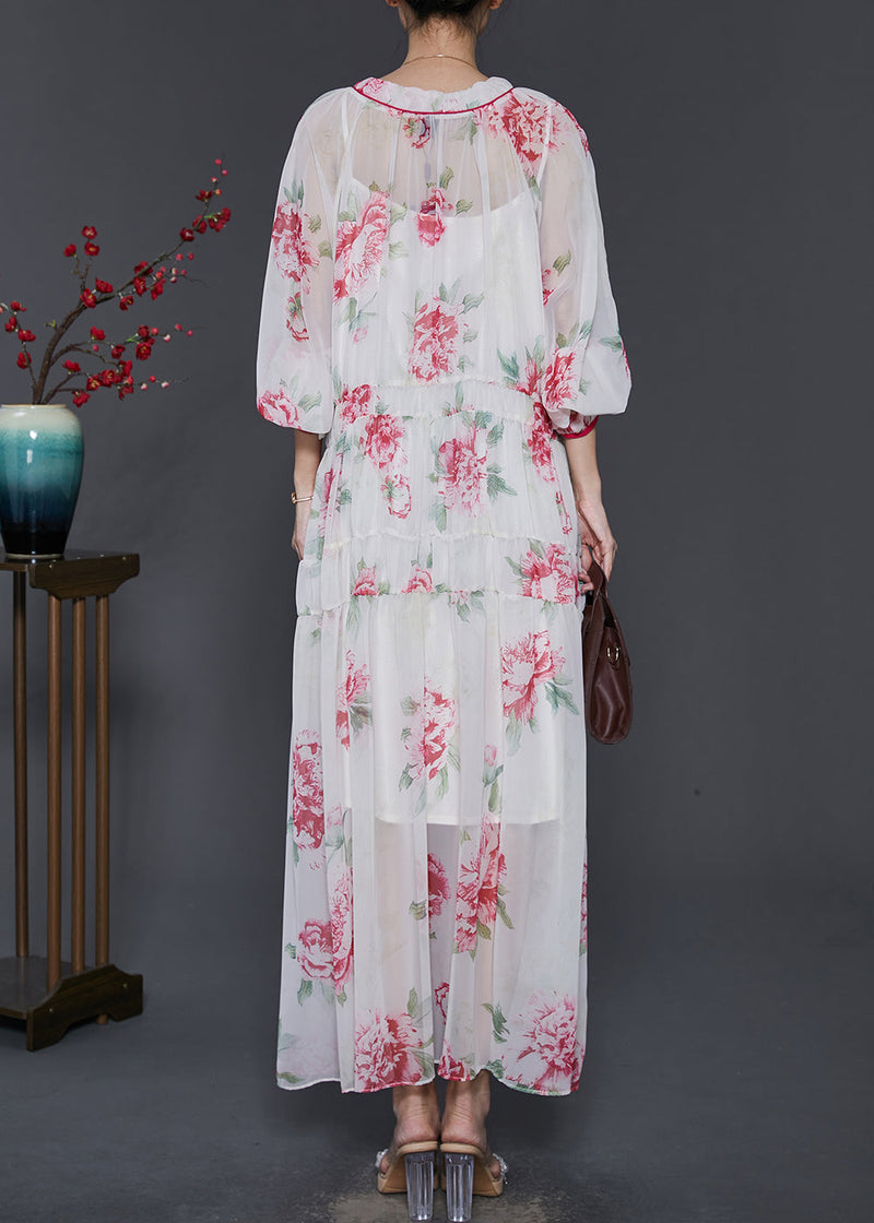 White V Neck Print Chiffon Beach Dress Spring