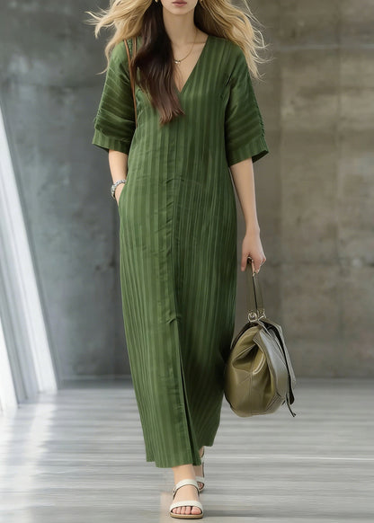 Striped Green Pockets Front Open Linen Long Dress Summer