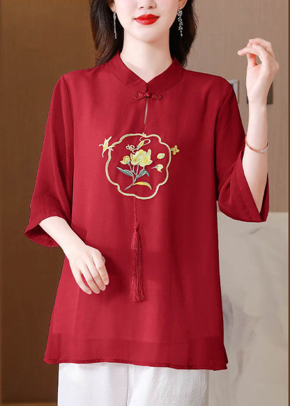 Red Embroidered Tasseled Silk Blouse Tops Summer