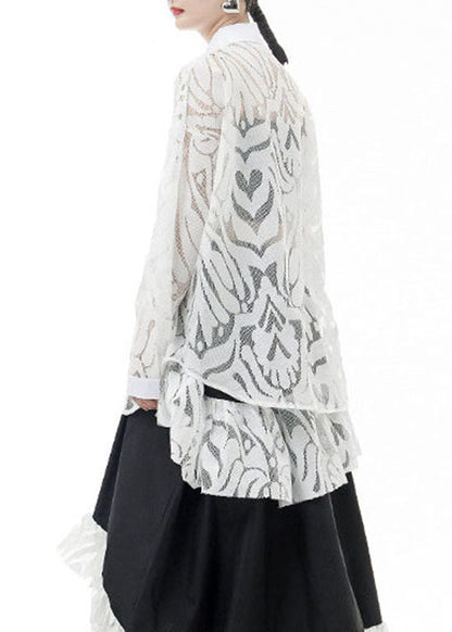 White Lace Shirts Hollow Out Asymmetrical Design Spring