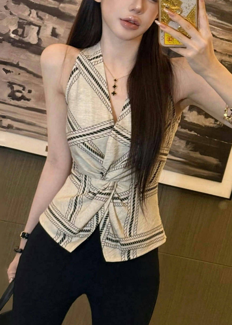 White Print Side Open Silm Fit Halter Vests Summer