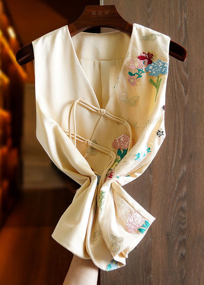 Apricot V Neck Embroideried Button Patchwork Tulle Waistcoat Sleeveless