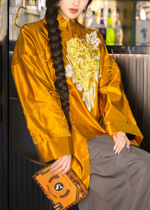 Chinese Style Yellow Button Print Blend Coats Long Sleeve