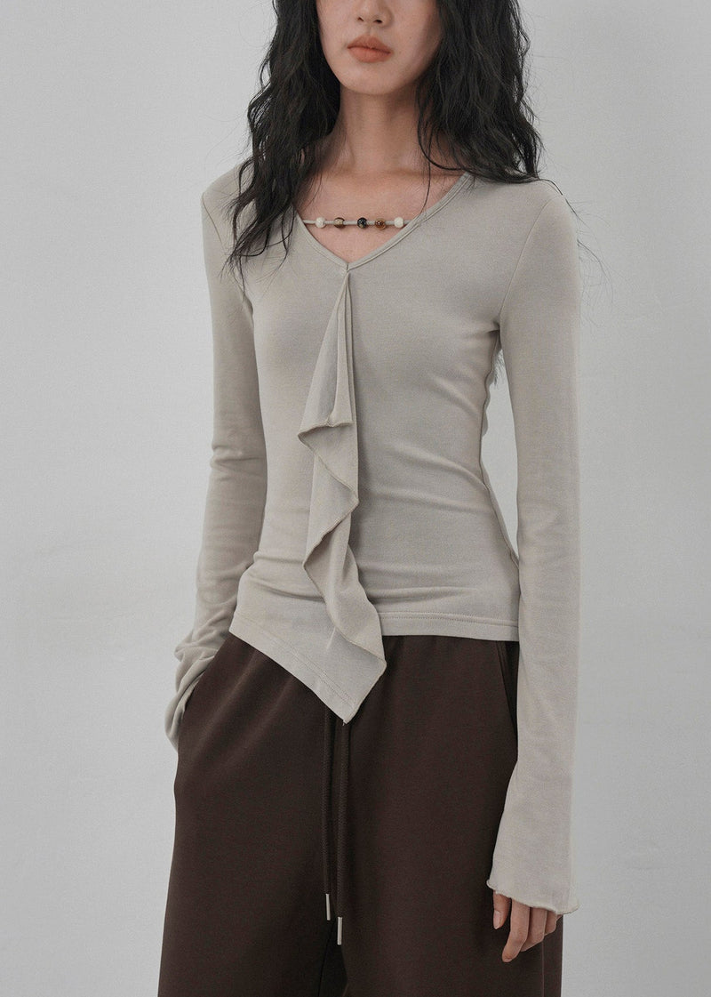 New Apricot Ruffled Asymmetrical Design Cotton T Shirts Spring